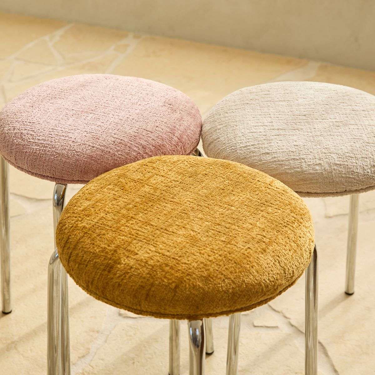 Vivi Chrome Stool - Pink Chenille