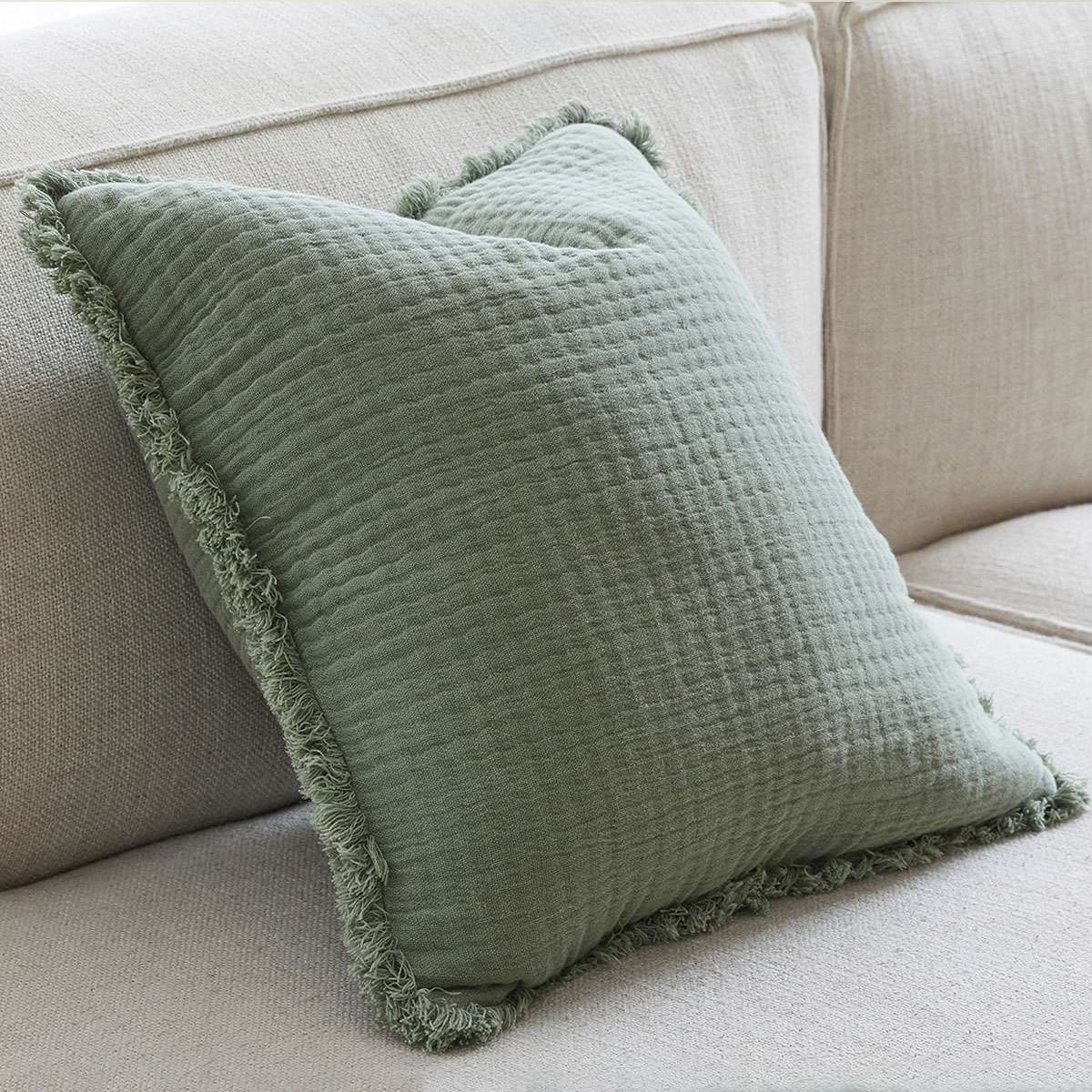 Molly Fringed Cotton Throw Cushion - Khaki Green