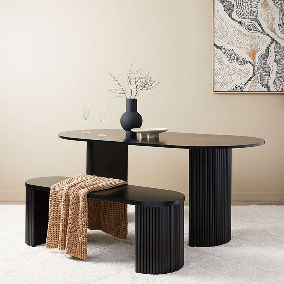 Eve Black Table Bench Seat and Avila Six Piece Dining Set