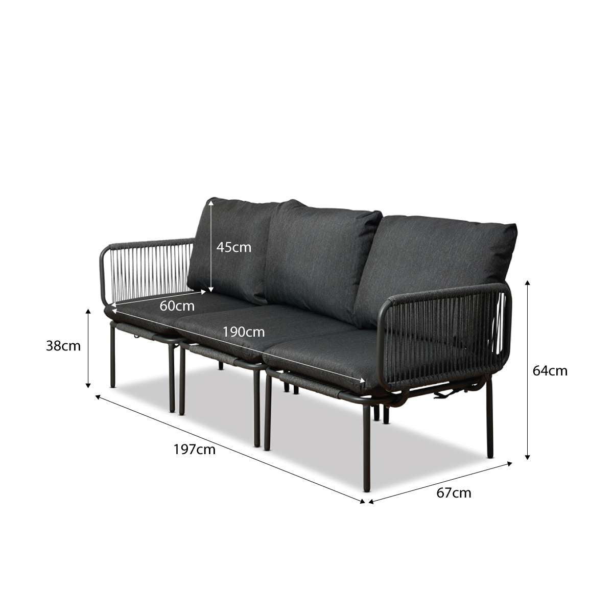 Sorrento Outdoor Three Seater Sofa - Charcoal