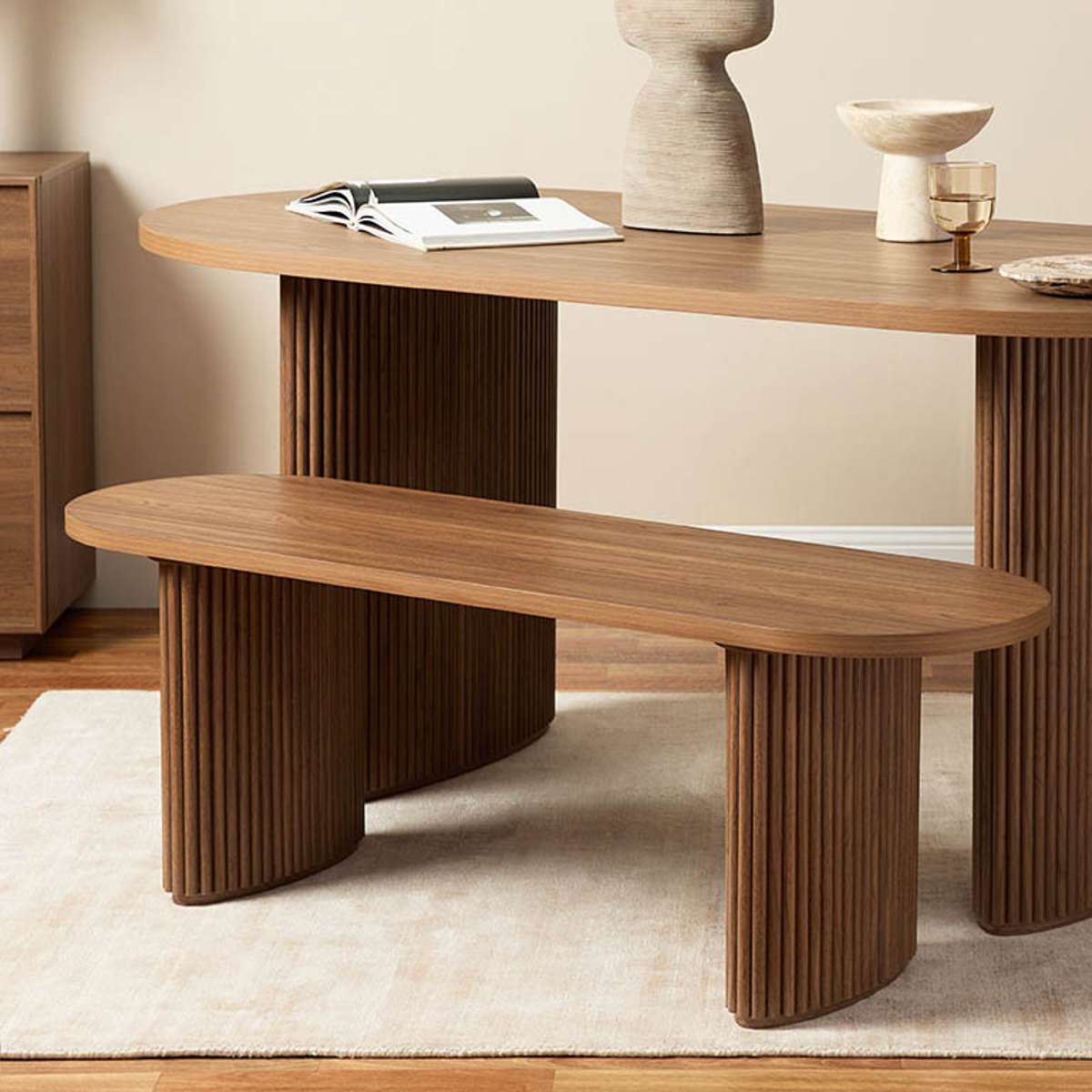 Amara Walnut Table Bench and Mateo Six Piece Dining Set