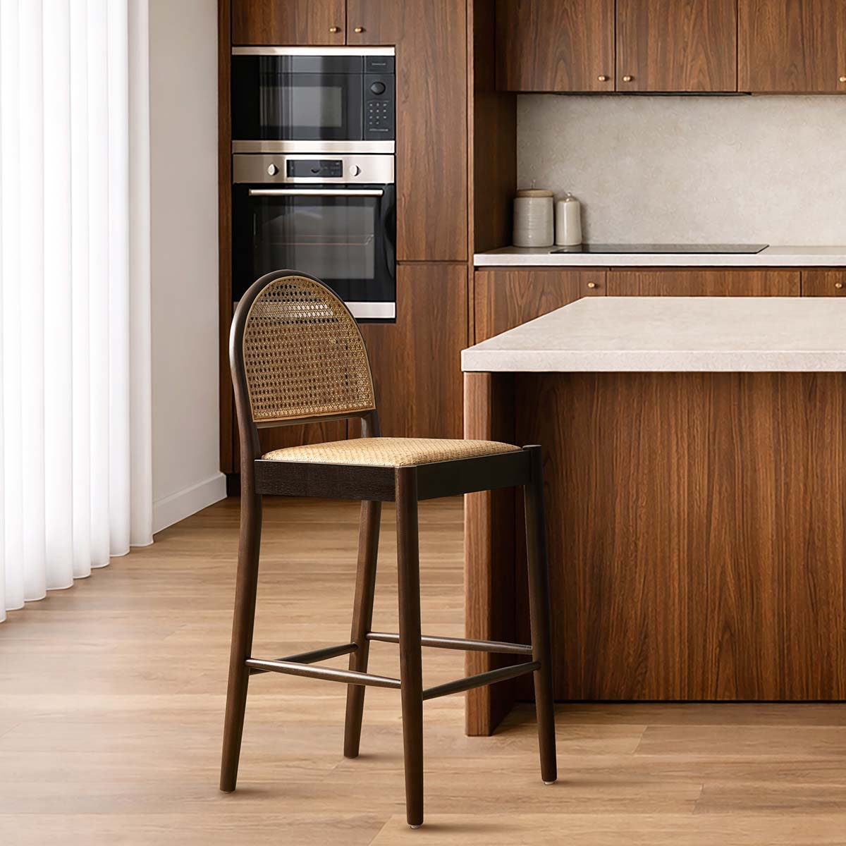 Mateo Curved Rattan Bar Stool - Walnut