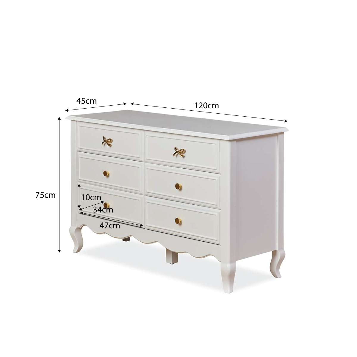 Emmeline Six Drawer with Bows - White | Mocka