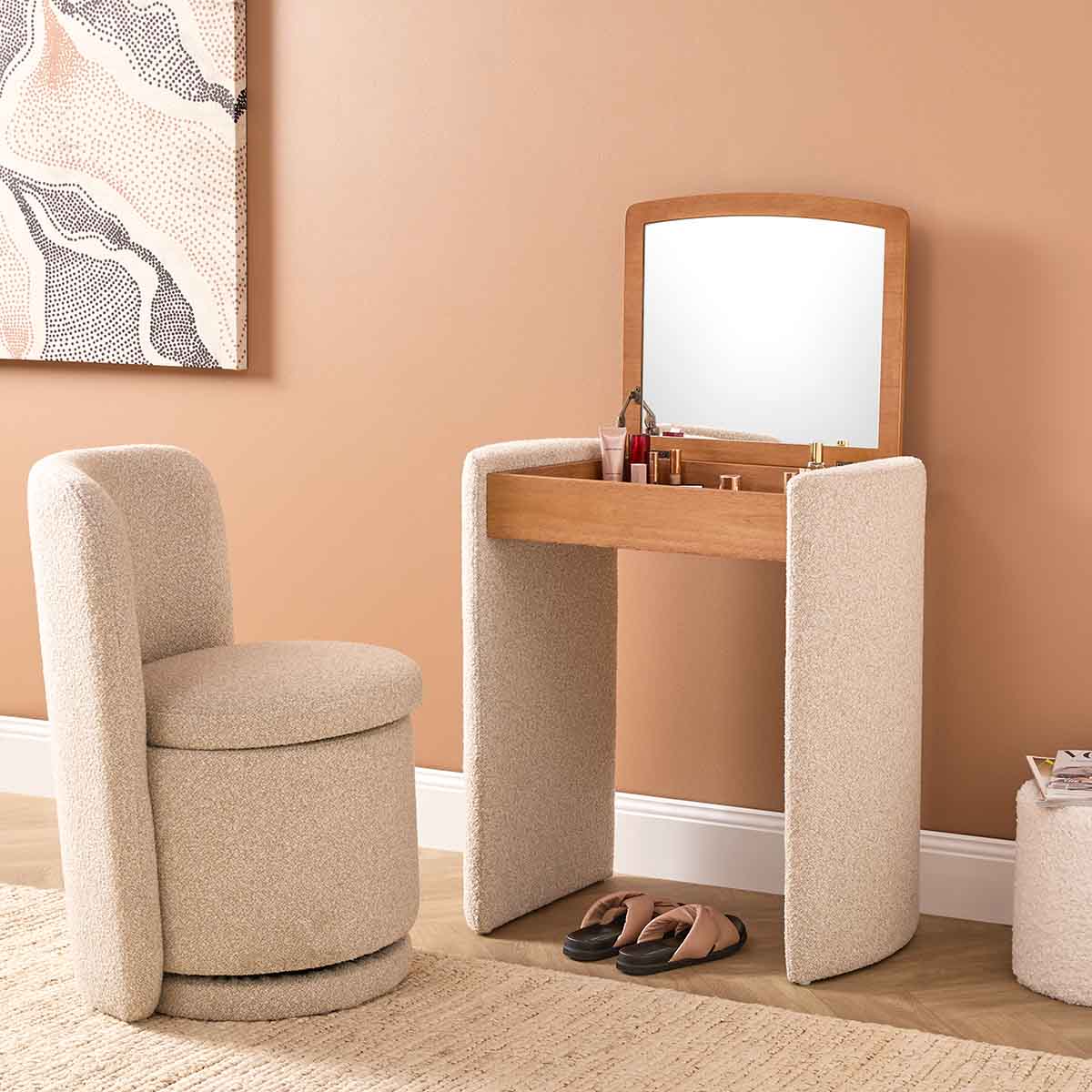 Hailey Makeup Table and Storage Stool - Cream/Walnut