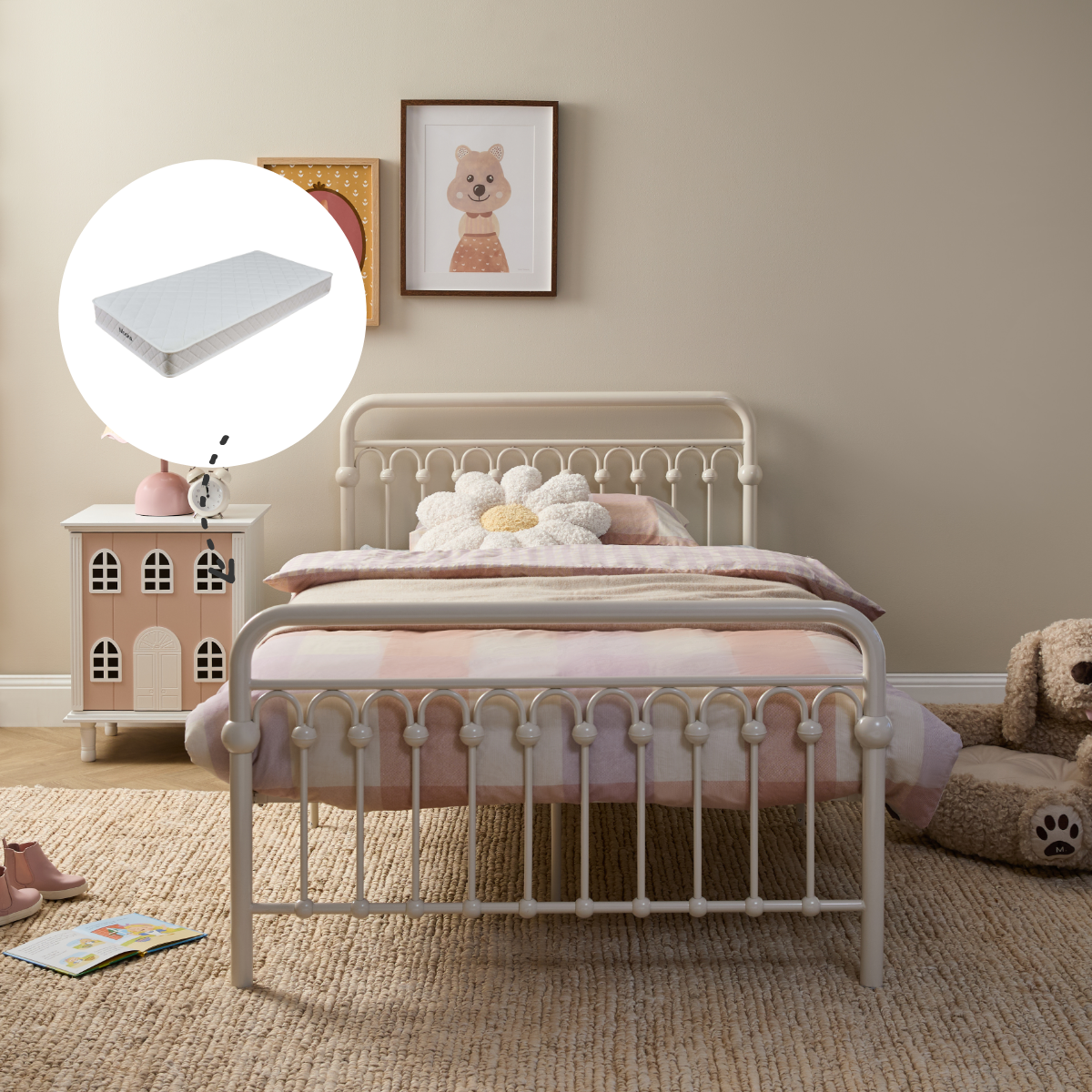 Classic Cottage King Single Bed + Mocka Mattresses Bundle - Cream