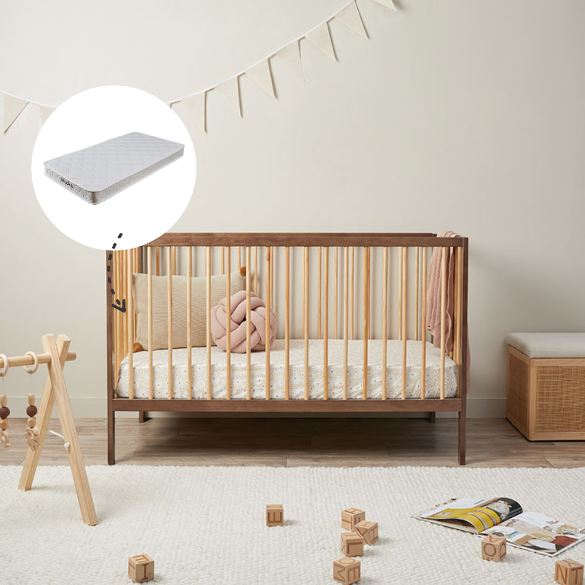 Mocka Dream Cot Almond/Natural + Mattress Bundle
