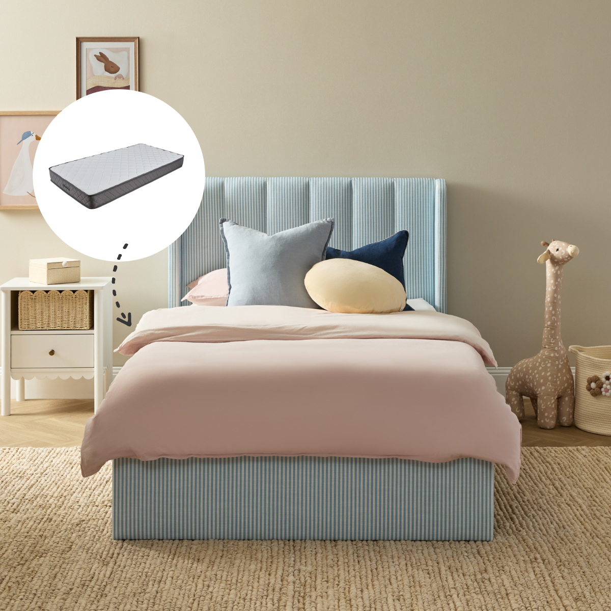 Quinn King Single Bed + Mattress Bundle - Blue Stripe