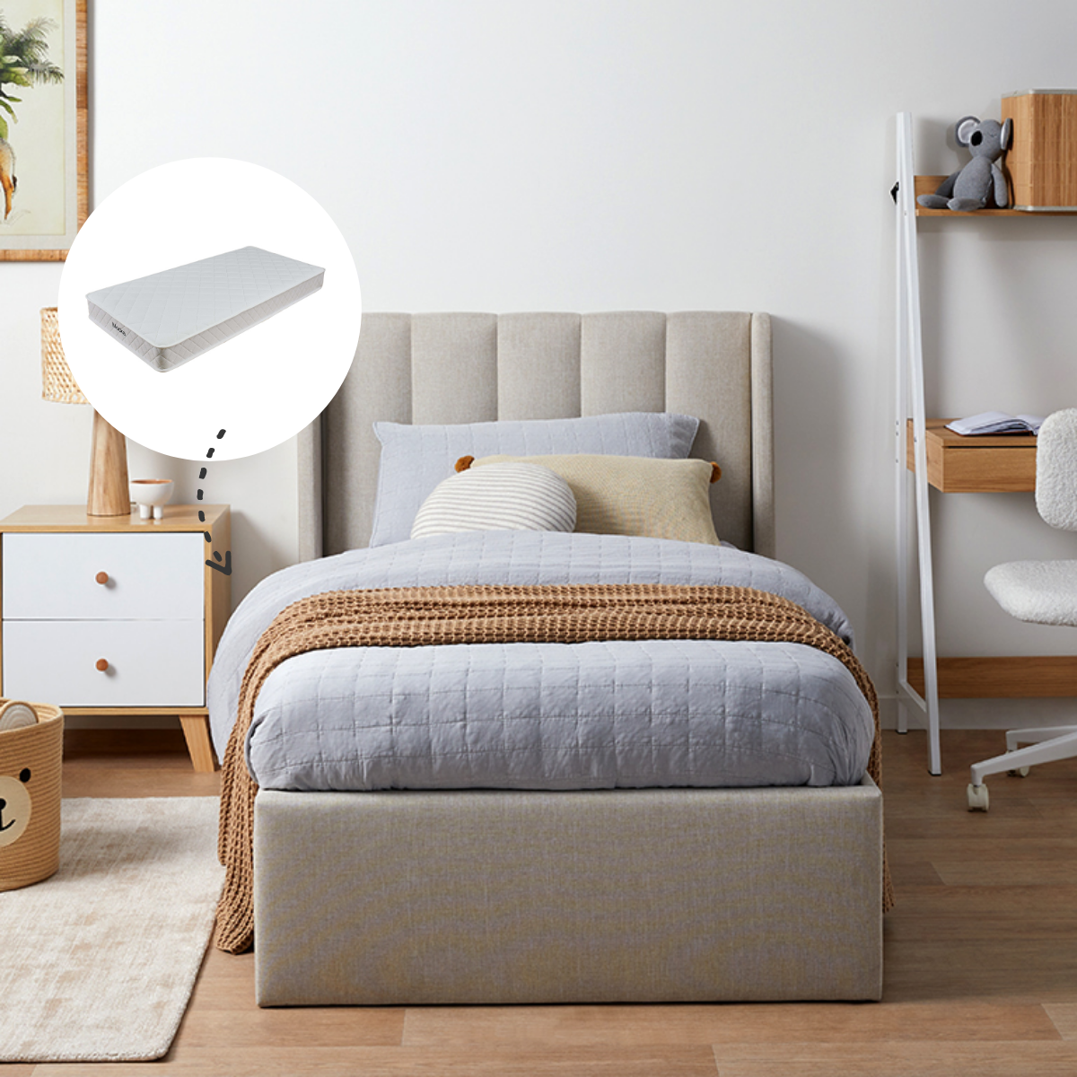 Quinn King Single Bed Natural + Mocka Mattress Bundle