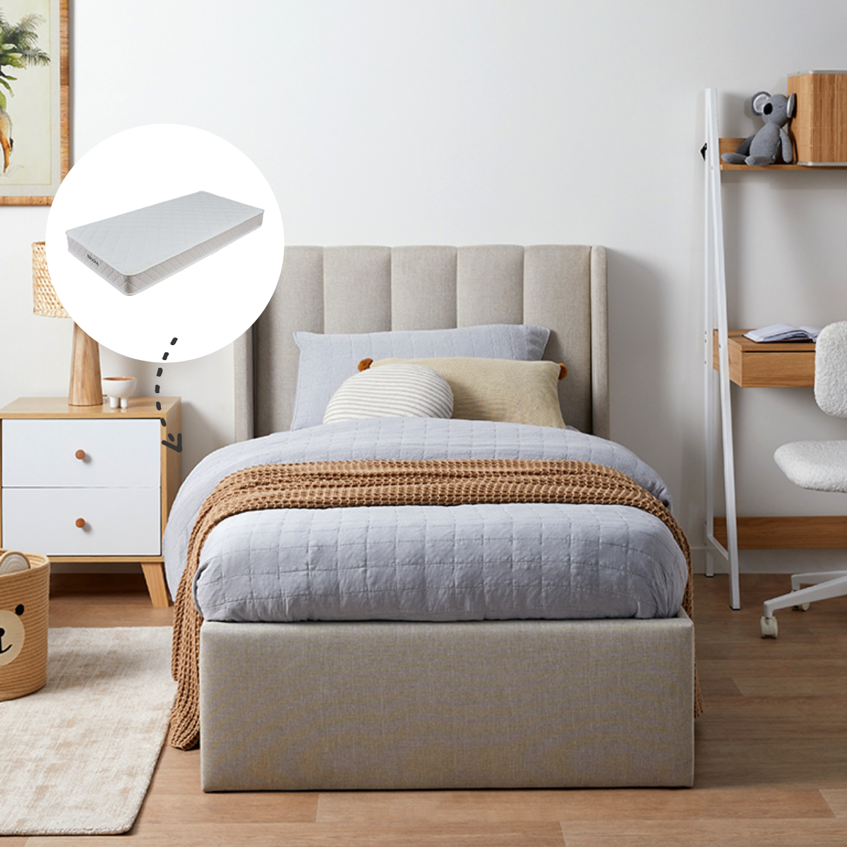 Quinn Single Bed Natural + Mocka Mattress Bundle